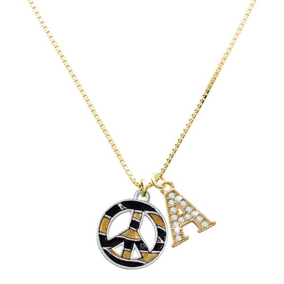 Delight Jewelry Silver-tone Large Brown Tiger Print Peace Sign - Large Goldtone Crystal Initial - A - Charm Necklace, 17.5"+2"