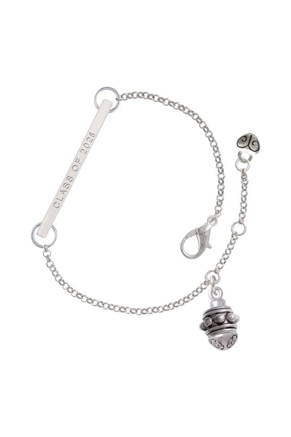 Silvertone Class of 2026 Delicate Bar Bracelet, featuring Large Dots Spacer Spinner Charm, 8.5"