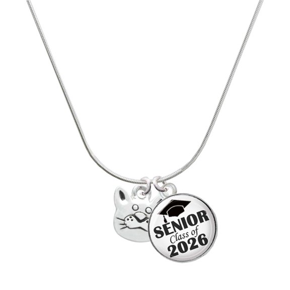 Delight Jewelry Silver-tone Large Cat Face - Silvertone Senior Class of 2026 Dome Necklace, 18"