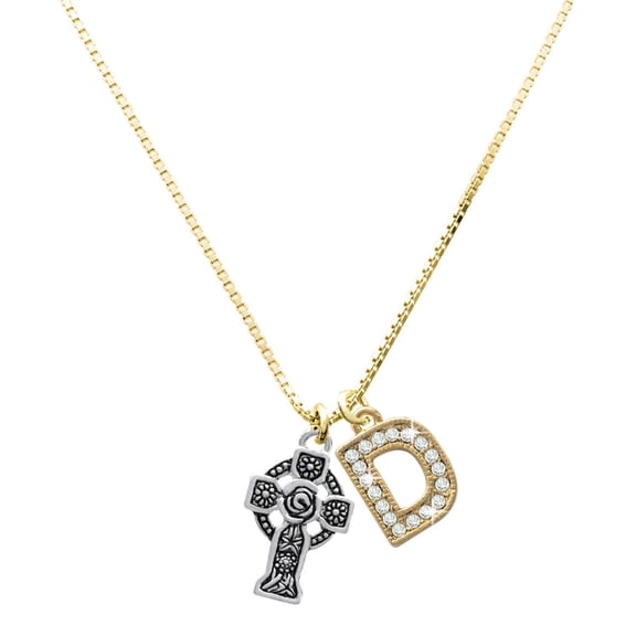 Delight Jewelry Silver-tone Large Celtic Cross with a Large Goldtone Crystal Initial - D - Charm Necklace, 17.5"+2"