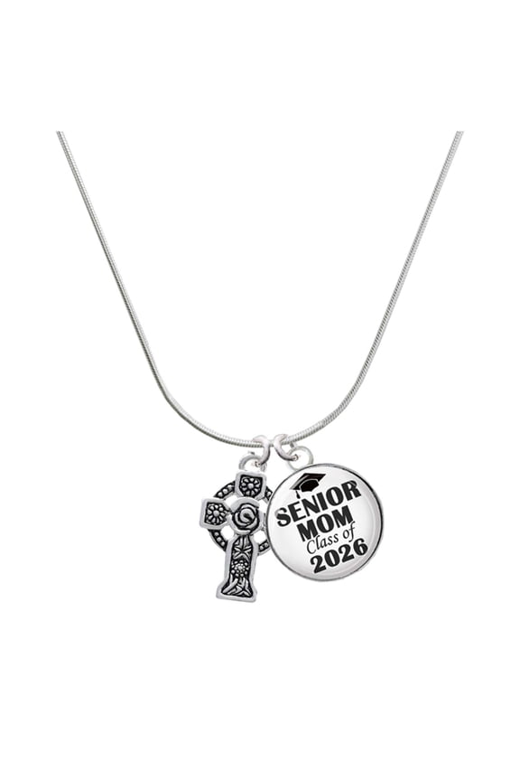Silver-tone Large Celtic Cross - Silvertone Senior Mom Class of 2026 Dome Necklace, 18"
