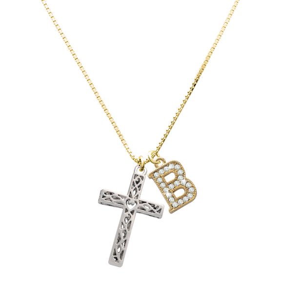 Delight Jewelry Silver-tone Large Celtic Vine Cross - Large Goldtone Crystal Initial - B - Charm Necklace, 17.5"+2"
