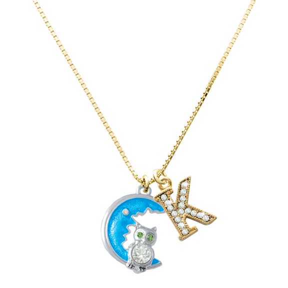 Delight Jewelry Silver-tone Large Clear Crystal Owl on Hot Blue Moon Charm and Goldtone Crystal Initial K Charm Necklace, 17.5"+2"