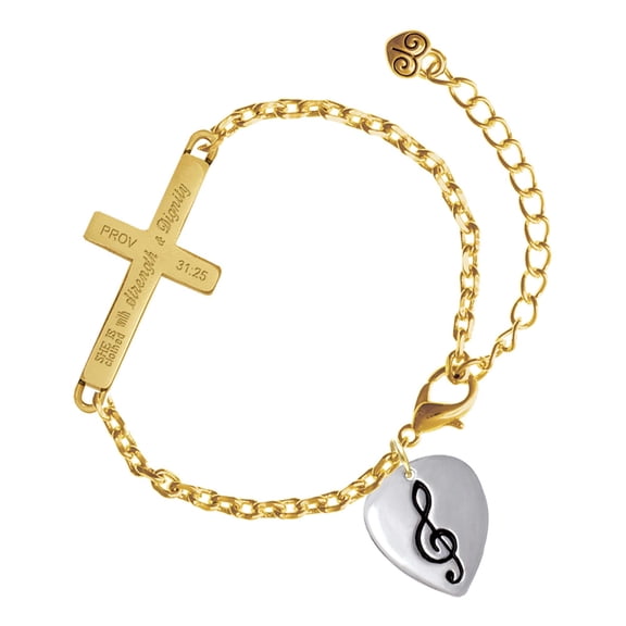 Delight Jewelry Silver-tone Large Clef on Guitar Pick - Gold Tone Proverbs 31:25 She is Clothed with Strength and Dignity Engraved Cross Charm Bracelet, 6.5+1.5" Extender