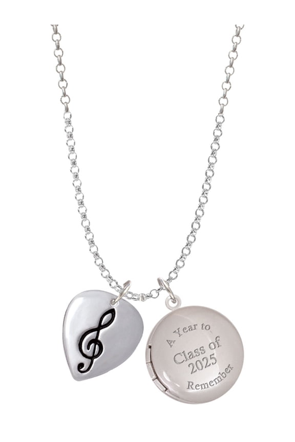Silver-tone Large Clef on Guitar Pick - Class of 2025 Year to Remember Locket Charm Necklace, 19+2" Extender