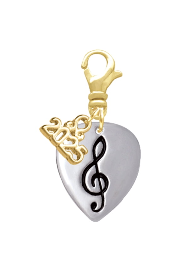 Silver-tone Large Clef on Guitar Pick - Gold-tone Clip on Charm with Mini Year 2025