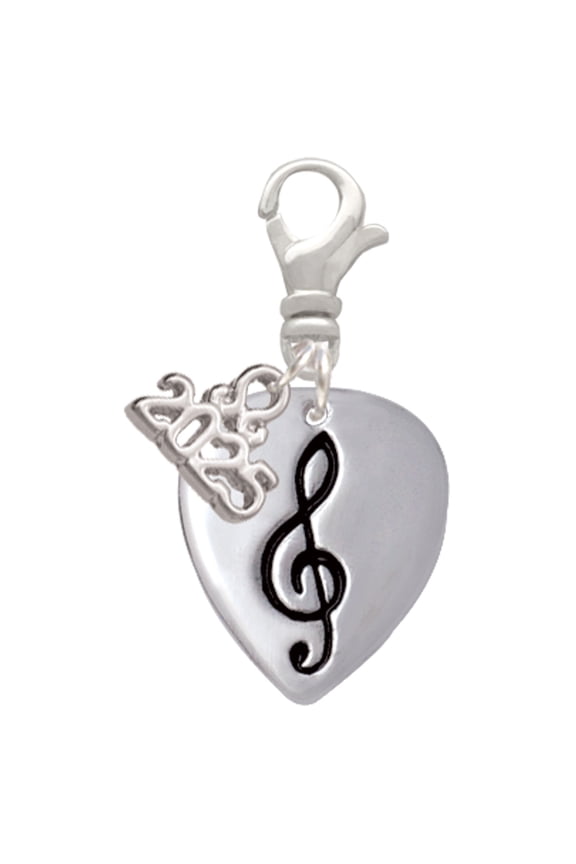 Silver-tone Large Clef on Guitar Pick - Silver-tone Clip on Charm with Mini Year 2025