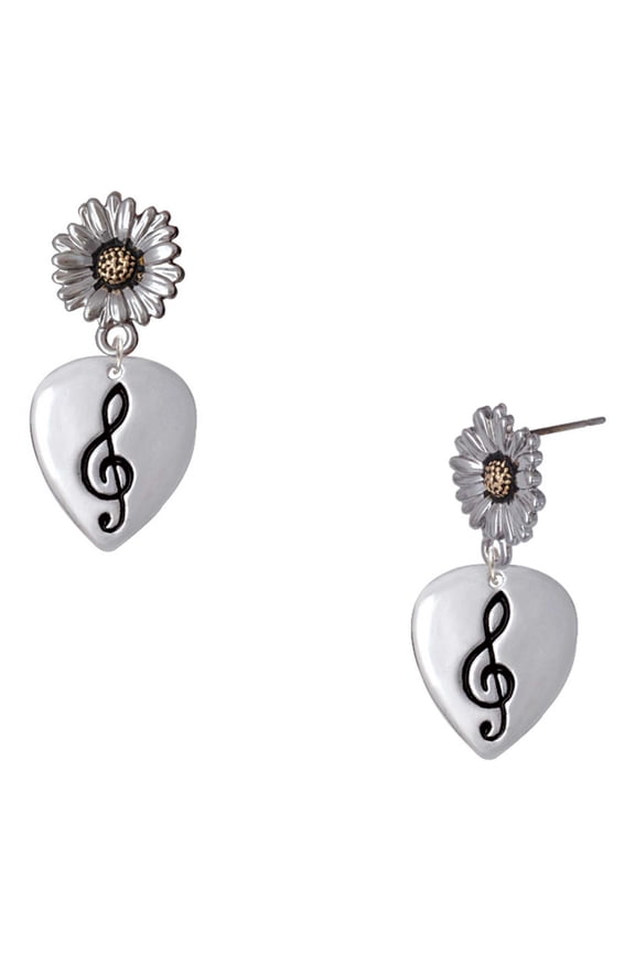 Silver-tone Large Clef on Guitar Pick - Two-tone Daisy Flower Post Earrings
