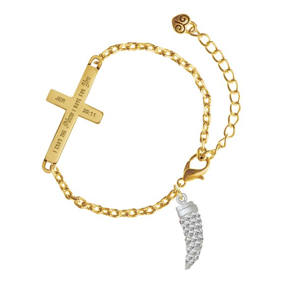 Delight Jewelry Silver-tone Large Crystal Lucky Tiger Tooth - Gold Tone Jeremiah 29:11 I Have Plans for You Engraved Cross Charm Bracelet, 6.5+1.5" Extender