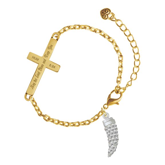 Delight Jewelry Silver-tone Large Crystal Lucky Tiger Tooth - Gold Tone Numbers 6:24 May the Lord Bless You Engraved Cross Charm Bracelet, 6.5+1.5" Extender