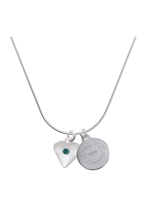 Silver-tone Large December - Teal Crystal Heart - Engraved Congrats Class of 2026 Charm Necklace, 18"