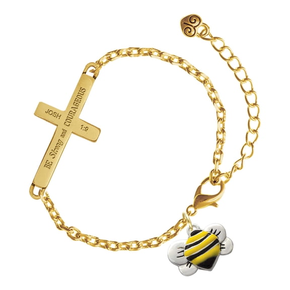 Delight Jewelry Silver-tone Large Enamel Bumble Bee - Gold Tone Joshua 1:9 Strong and Courageous Engraved Cross Charm Bracelet, 6.5+1.5" Extender
