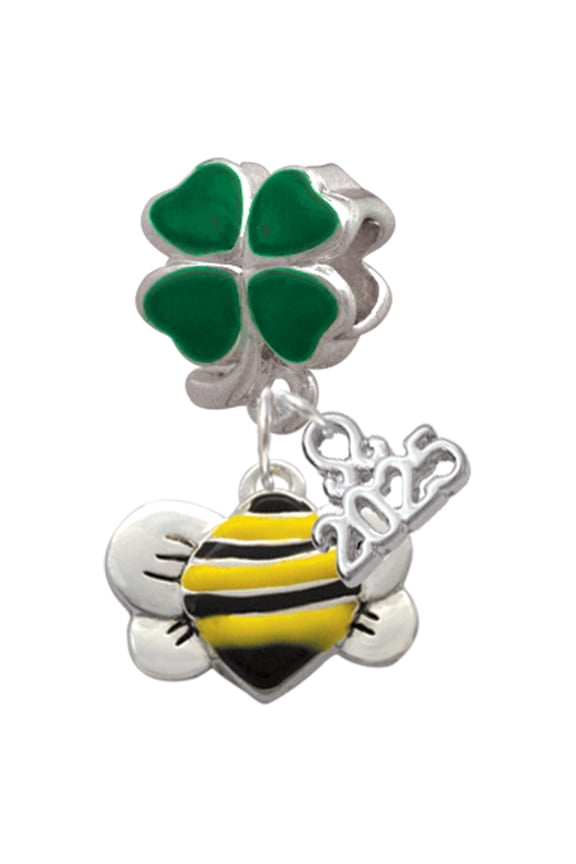 Silver-tone Large Enamel Bumble Bee - Good Luck Green Four Leaf Clover Charm Bead Dangle with Mini 2025