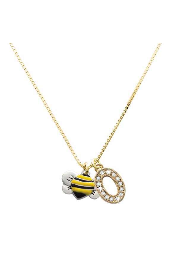 Large Goldtone Crystal Initial Necklace, featuring Silver Tone Large Enamel Bumble Bee Charm, 17.5"+2", O