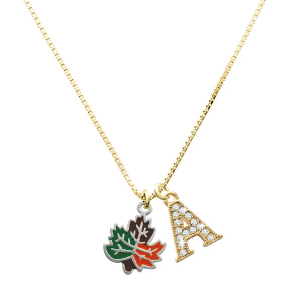 Delight Jewelry Silver-tone Large Enamel Fall Leaf - Large Goldtone Crystal Initial - A - Charm Necklace, 17.5"+2"