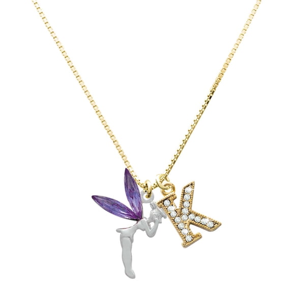 Delight Jewelry Silver-tone Large Fairy with Purple Wings Charm and Goldtone Crystal Initial K Charm Necklace, 17.5"+2"