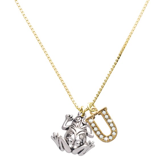 Delight Jewelry Silver-tone Large Filigree Frog - Large Goldtone Crystal Initial - U - Charm Necklace, 17.5"+2"