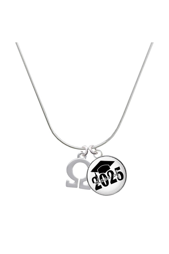 Silver-tone Large Greek Letter - Omega - Script Class of 2025 Dome Charm Necklace, 18"