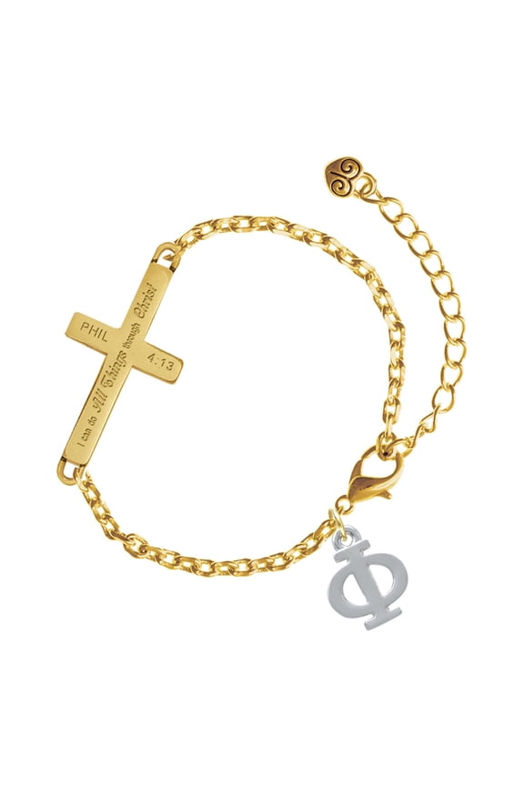 Silver-tone Large Greek Letter - Phi - Gold Tone Philipians 4:13 I Do All Things Through Christ Engraved Cross Charm Bracelet, 6.5+1.5" Extender