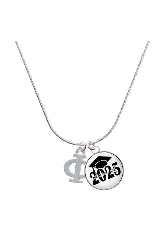 Silver-tone Large Greek Letter - Phi - Script Class of 2025 Dome Charm Necklace, 18"