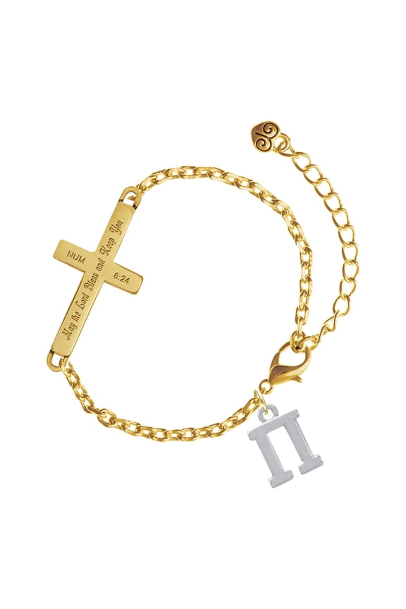 Silver-tone Large Greek Letter - Pi - Gold Tone Numbers 6:24 May the Lord Bless You Engraved Cross Charm Bracelet, 6.5+1.5" Extender