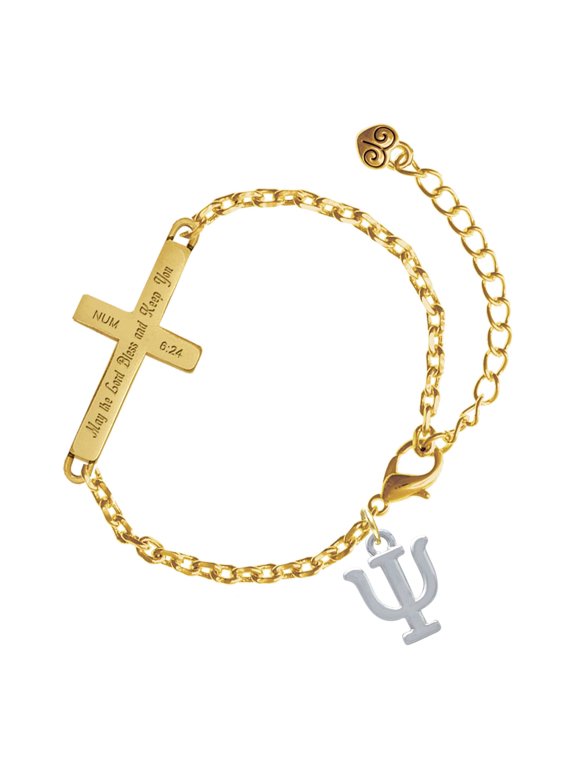 Silver-tone Large Greek Letter - Psi - Gold Tone Numbers 6:24 May the Lord Bless You Engraved Cross Charm Bracelet, 6.5+1.5" Extender