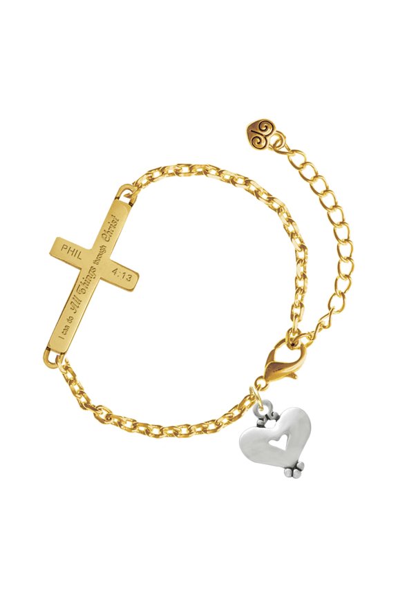 Silver-tone Large Heart with Cutout - Gold Tone Philipians 4:13 I Do All Things Through Christ Engraved Cross Charm Bracelet, 6.5+1.5" Extender