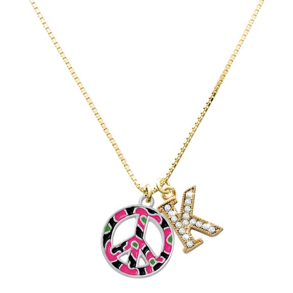 Delight Jewelry Silver-tone Large Hot Pink Cheetah Print Peace Sign and a Large Goldtone Crystal Initial K Charm Necklace, 17.5"+2"