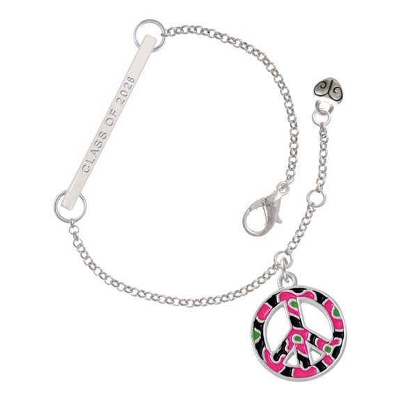Delight Jewelry Silver-tone Large Hot Pink Cheetah Print Peace Sign - Silvertone Class of 2026 Delicate Bar Bracelet, 8.5"