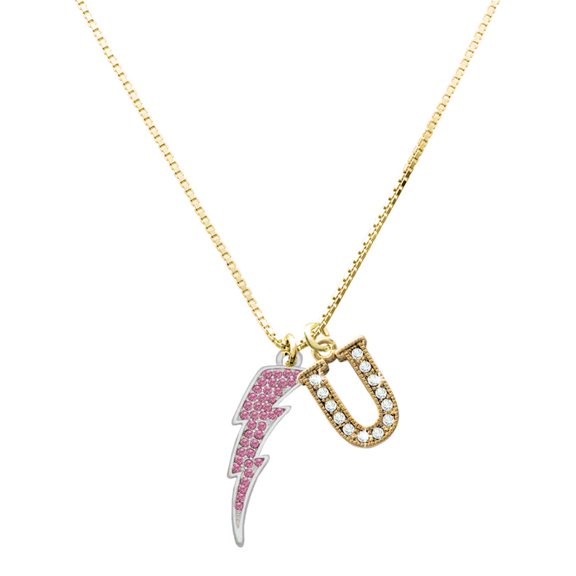 Delight Jewelry Silver-tone Large Hot Pink Crystal Lightning Bolt - Large Goldtone Crystal Initial - U - Charm Necklace, 17.5"+2"