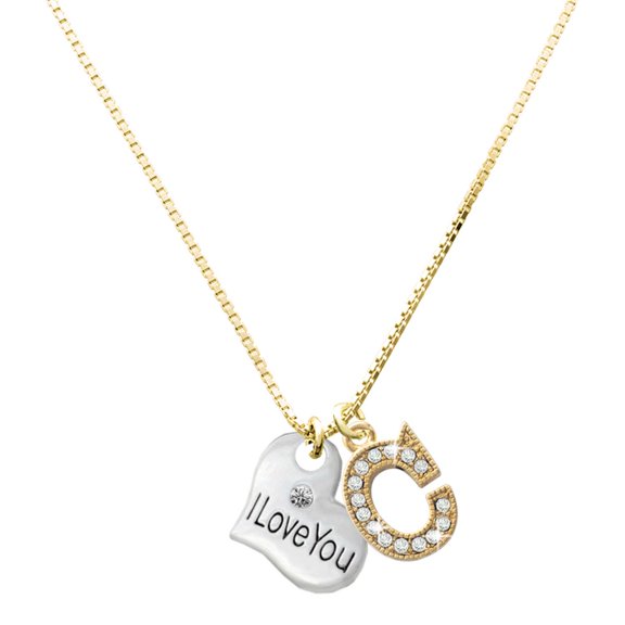 Delight Jewelry Silver-tone Large I Love You Heart - Large Goldtone Crystal Initial - C - Charm Necklace, 17.5"+2"