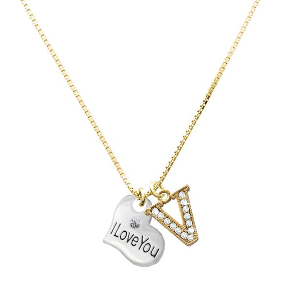 Delight Jewelry Silver-tone Large I Love You Heart - Large Goldtone Crystal Initial - V - Charm Necklace, 17.5"+2"