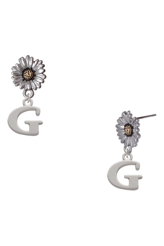 Silver-tone Large Initial - G - Two-tone Daisy Flower Post Earrings