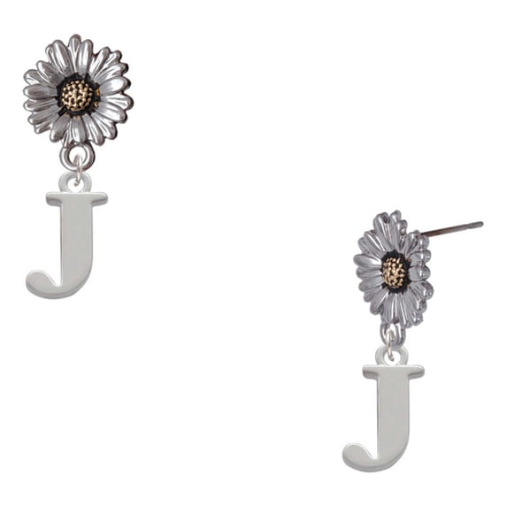 Delight Jewelry Silver-tone Large Initial - J - Two-tone Daisy Flower Post Earrings