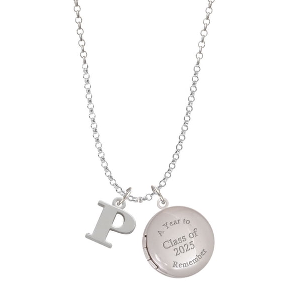 Delight Jewelry Silver-tone Large Initial - P - Class of 2025 Year to Remember Locket Charm Necklace, 19+2" Extender