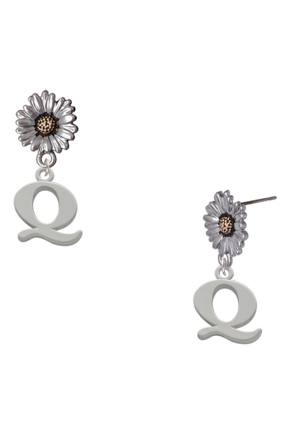 Silver-tone Large Initial - Q - Two-tone Daisy Flower Post Earrings