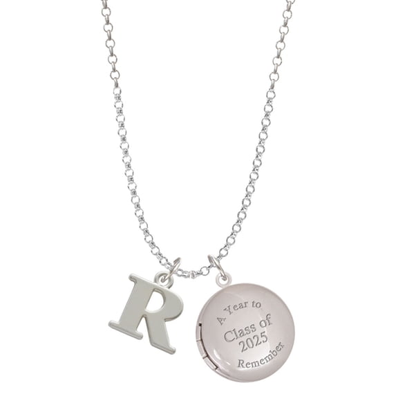 Delight Jewelry Silver-tone Large Initial - R - Class of 2025 Year to Remember Locket Charm Necklace, 19+2" Extender