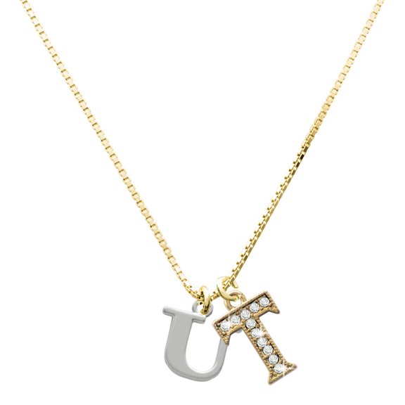 Delight Jewelry Silver-tone Large Initial - U - Large Goldtone Crystal Initial - T - Charm Necklace, 17.5"+2"