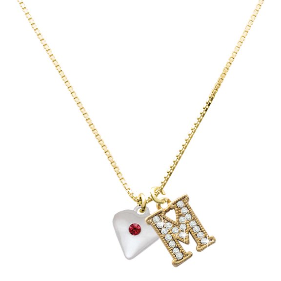 Delight Jewelry Silver-tone Large January - Maroon Crystal Heart - Large Goldtone Crystal Initial - M - Charm Necklace, 17.5"+2"