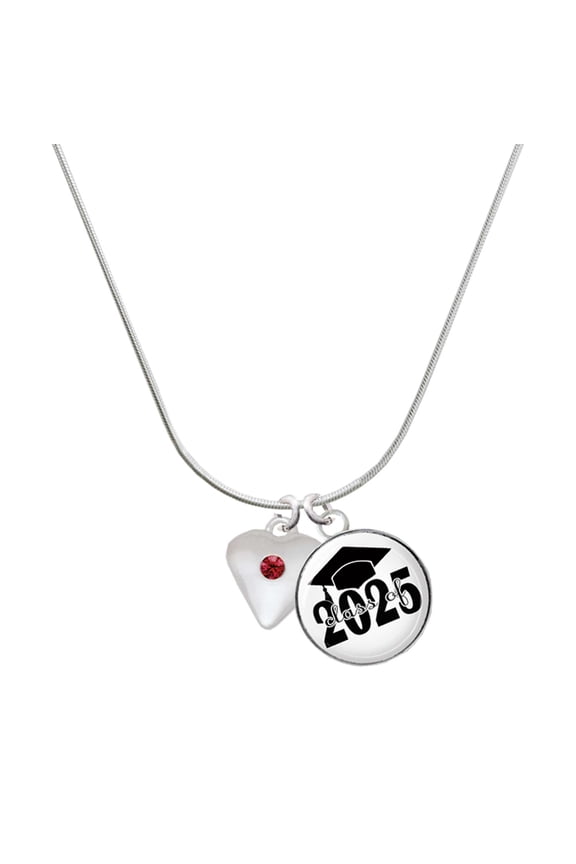 Silver-tone Large January - Maroon Crystal Heart - Script Class of 2025 Dome Charm Necklace, 18"