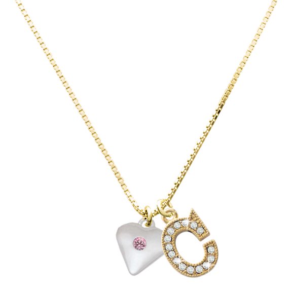 Delight Jewelry Silver-tone Large Light Pink Crystal Heart with a Large Goldtone Crystal Initial - C - Charm Necklace, 17.5"+2"