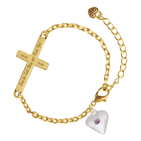 Delight Jewelry Silver-tone Large Light Purple Crystal Heart - Gold Tone Numbers 6:24 May the Lord Bless You Engraved Cross Charm Bracelet, 6.5+1.5" Extender