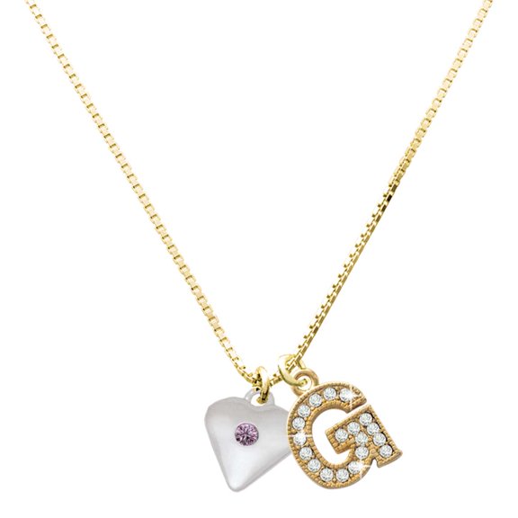 Delight Jewelry Silver-tone Large Light Purple Crystal Heart and a Large Goldtone Crystal Initial G Charm Necklace, 17.5"+2"