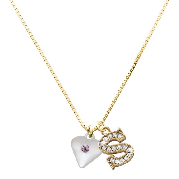 Delight Jewelry Silver-tone Large Light Purple Crystal Heart - Large Goldtone Crystal Initial - S - Charm Necklace, 17.5"+2"