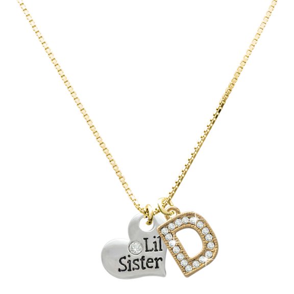 Delight Jewelry Silver-tone Large ''Lil Sister'' Heart with Clear Crystal - Large Goldtone Crystal Initial - D - Charm Necklace, 17.5"+2"