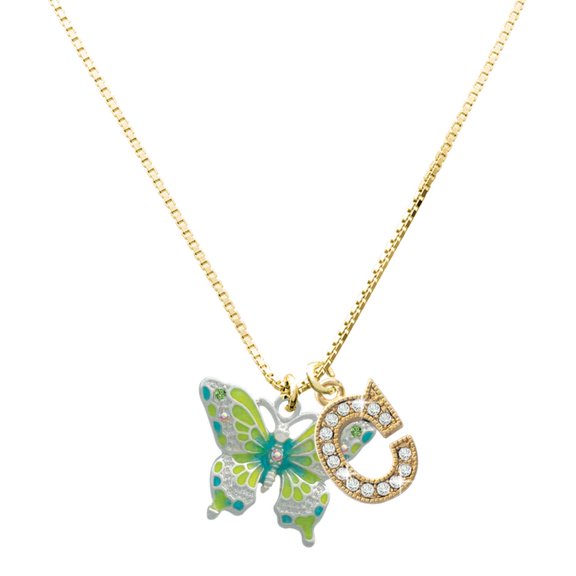 Delight Jewelry Silver-tone Large Lime Green & Blue Butterfly - Large Goldtone Crystal Initial - C - Charm Necklace, 17.5"+2"