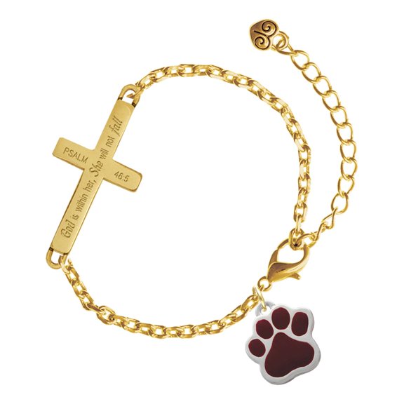 Delight Jewelry Silver-tone Large Maroon Paw - Gold Tone Psalm 46:5 She will not fall Engraved Cross Charm Bracelet, 6.5+1.5" Extender