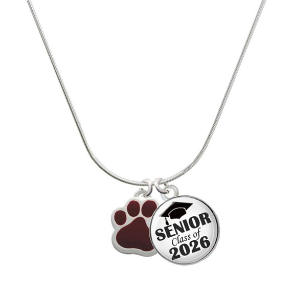 Delight Jewelry Silver-tone Large Maroon Paw - Silvertone Senior Class of 2026 Dome Necklace, 18"