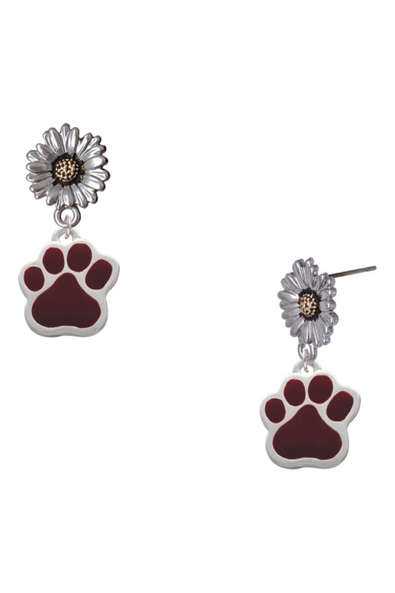 Silver-tone Large Maroon Paw - Two-tone Daisy Flower Post Earrings