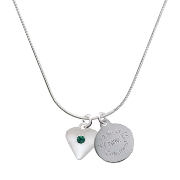 Delight Jewelry Silver-tone Large May - Green Crystal Heart - Engraved Congrats Class of 2026 Charm Necklace, 18"
